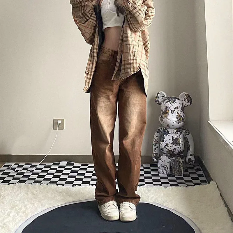 Brown Vintage Baggy Jeans Women 90s Streetwear Pockets Wide Leg Cargo Pants Low Waist Straight Denim Trousers 2021 Big Size XXL