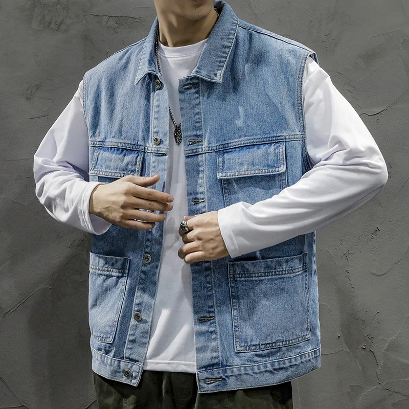 

Bk-A800 Men Denim Waistcoat Korean Style Trendy Hip Hop Classic Washing Multi-Pocket Blue Outwear All-Match Male Sleeveless Vest