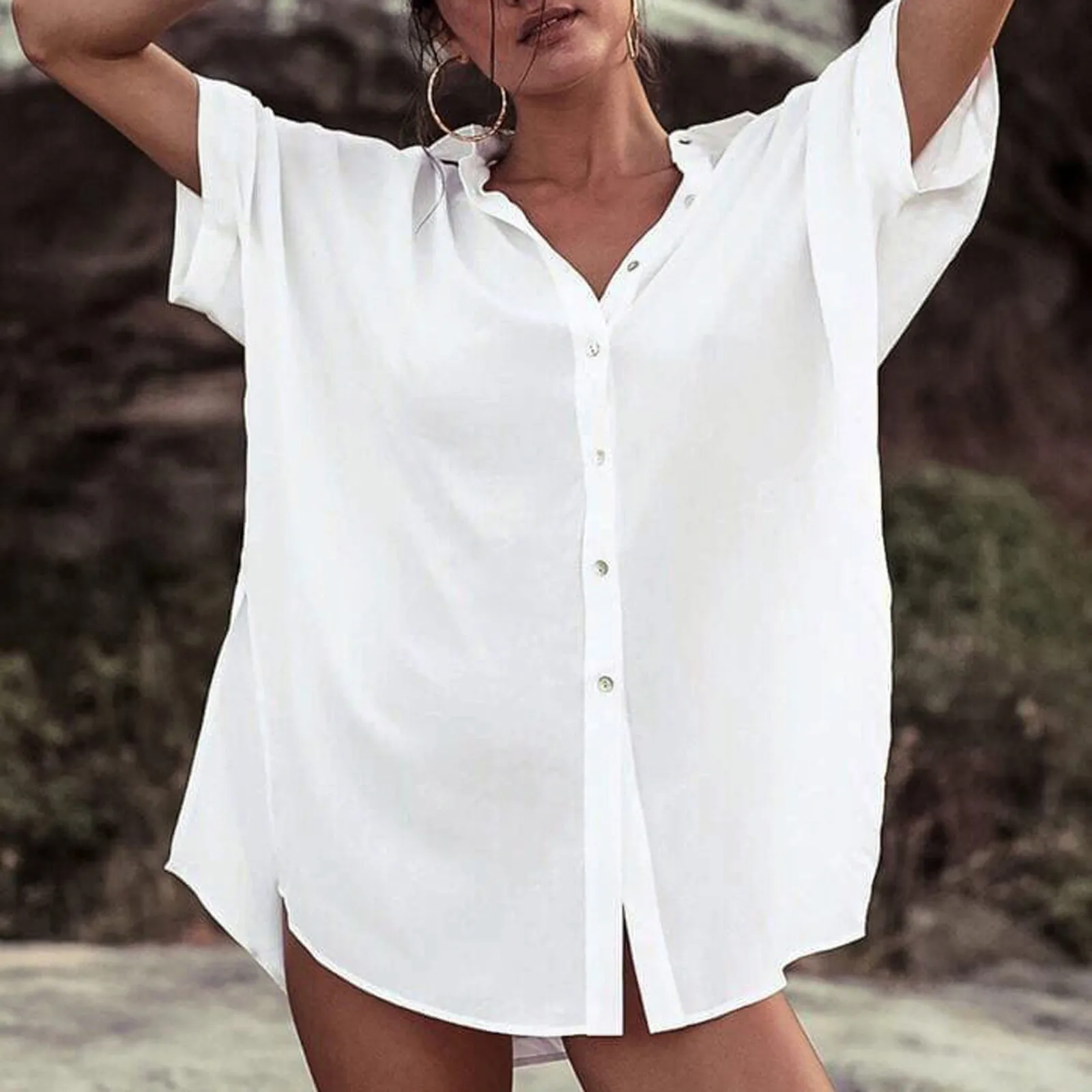 Fashion Solid Turn Down Collar Women Blouses Button Beach Cover Up Half Sleeve Long Shirt White Vintage Fashion Top Blusas 4