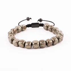 New Fashion Jewelry Natural Stone Cube Pyrite Adjustable Macrame Bracelet Custom Women Men