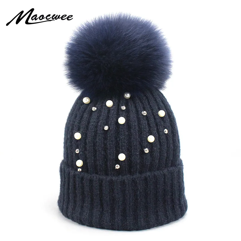 

Girl Women Real Fox Fur Pompon Beanies Hat Winter Wool Crochet Knitted Hat With Pearl Female Soft Solid Warm Skullies Beanies