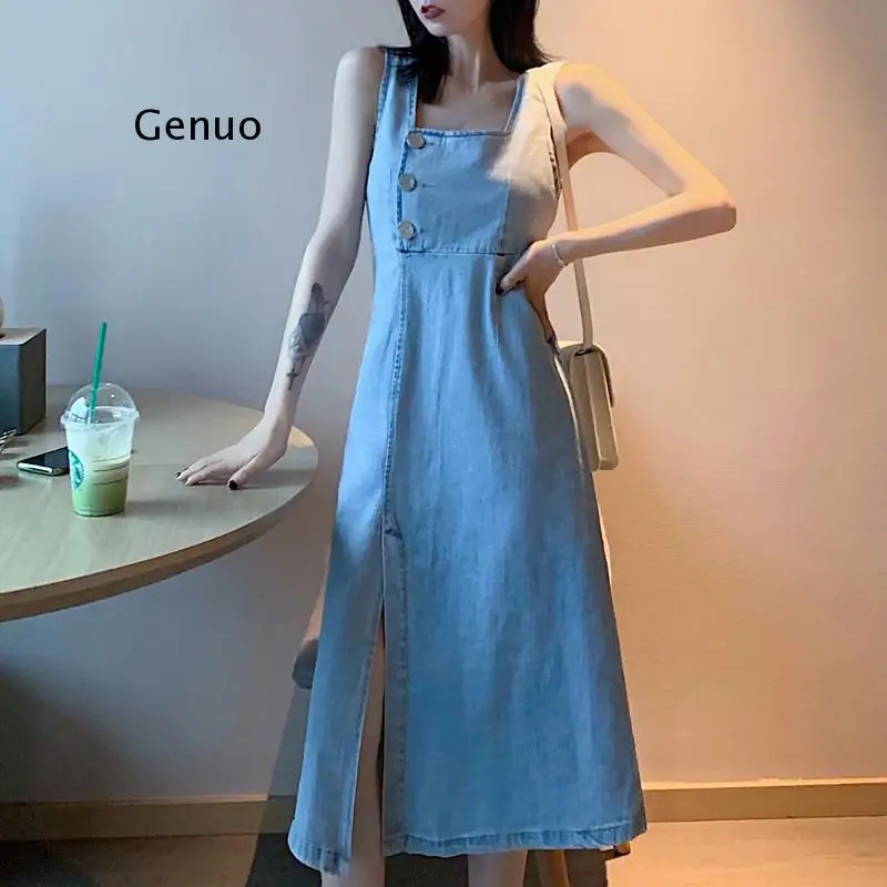 Women Denim Dress Summer New Style Female Chic Retro Square Collar Buckle Slim Braces Ladies Vestido