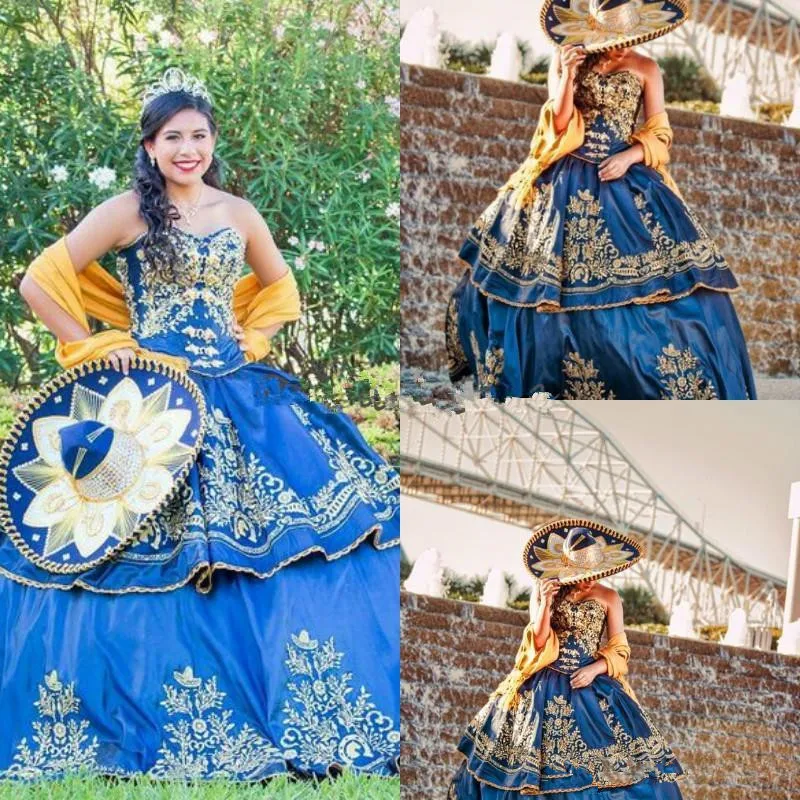 Quinceanera – robe de bal à lacets pour filles, luxueuse robe de mascarade brodée d'or, style mexicain, bleu Royal, robe de bal, 16 pièces, 2021