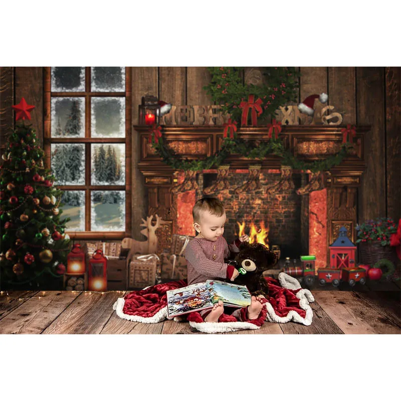 หน้าต่างคริสต์มาสการถ่ายภาพฉากหลัง Xmas Tree เตาผิงตกแต่งเด็กครอบครัว Photo Props สตูดิโอบูธพื้นหลัง