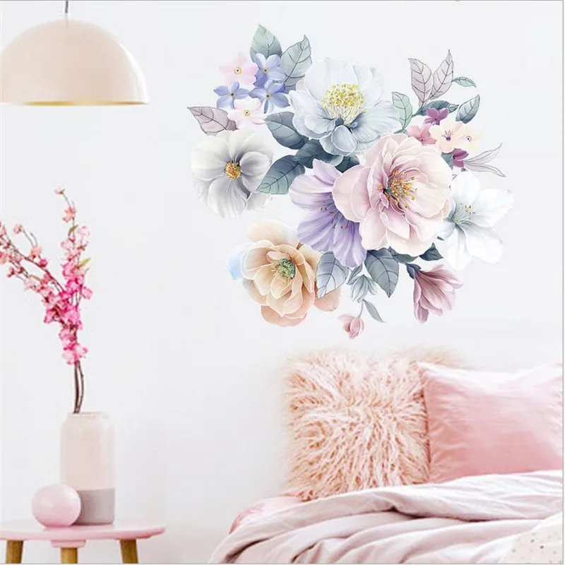 1PCS New Literary Pink Blue Flowers Wall Stickers For Kids Bedroom Bedside Porch Wall Beautification Decorative 30*90CM