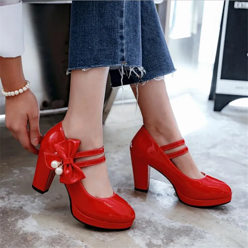 

Girls' Shoes Lolita Bride Wedding Shoes Women Patent Leather Bowtie High Heels Princess Dress Evening Party Pumps Plus Size32-43