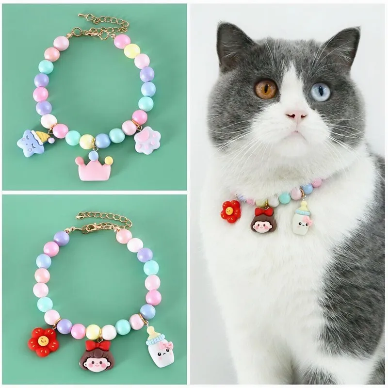 Cat Collar Party Wedding Necklace Macaron Pearl Jeweled Puppy Cat Collar Crown Star Paw Pet Dog Collar Accessories