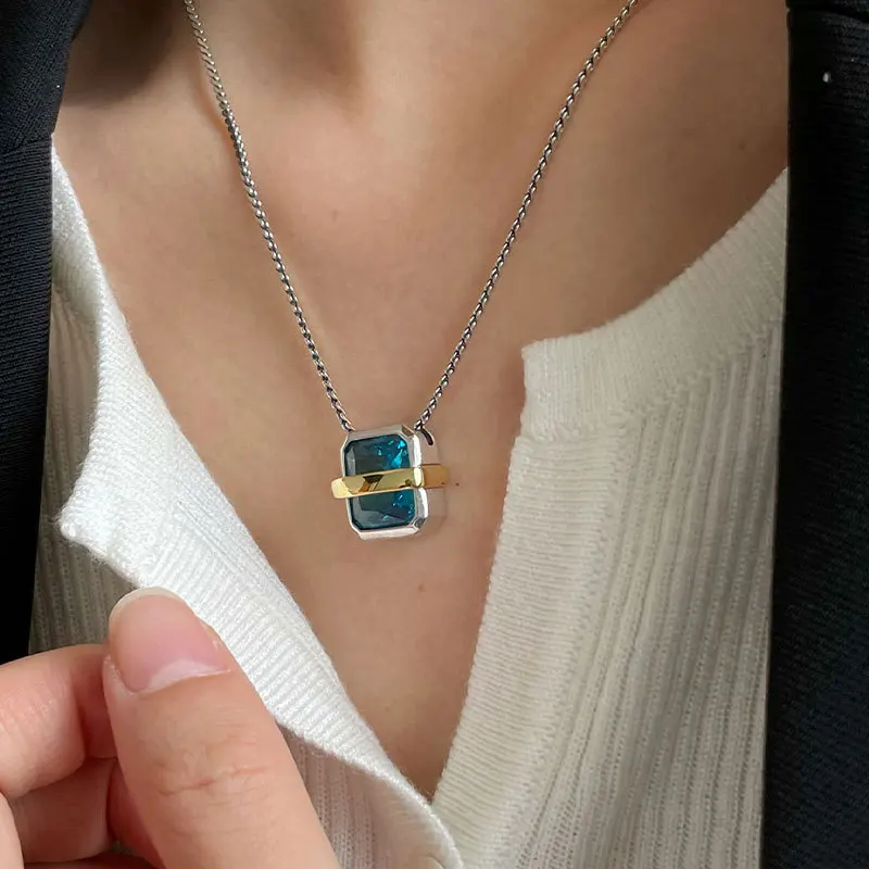 MEWANRY Silver Color Blue Zircon Necklace for Women Geometric Temperament Minimalist Chic Luxury Christmas Jewelry Gifts