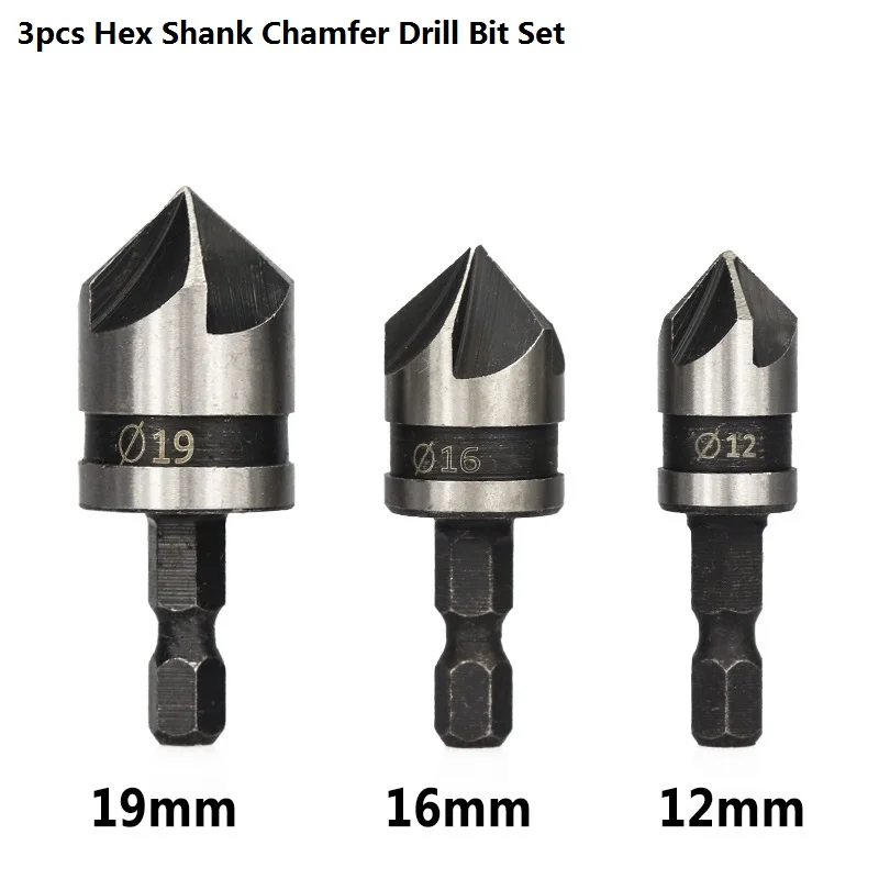 XCAN 82 Degrees Chamfer Drill Bit Set 12/16/19mm 5 Flute Wood working Drill Bit Cutter Countersink Drill Bit Set