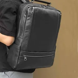 Luufan Black Genuine Leather Man's Backpack Fit 17