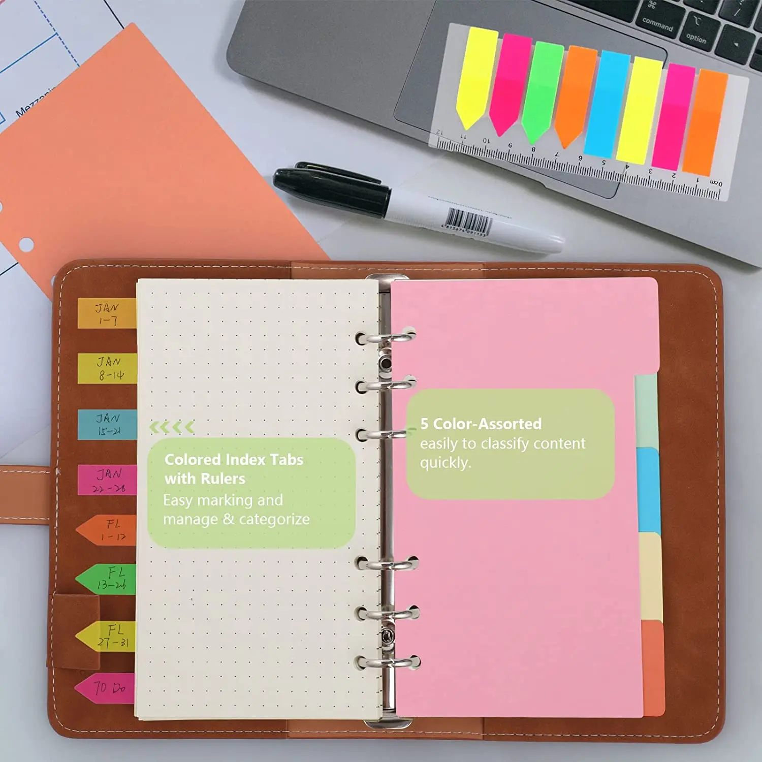 A6 Refillable Binder Notebook Set  with 5 Pcs Dividers, 3 Pack 6 Holes A6 Dotted Paper,4 Binder Pockets,2 Coloured Sticky Notes