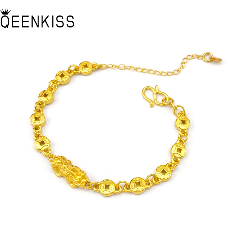 

QEENKISS BT5111 Fine Jewelry Wholesale Fashion Woman Girl Bride Mother Birthday Wedding Gift PIXIU Coin 24KT Gold Chain Bracelet