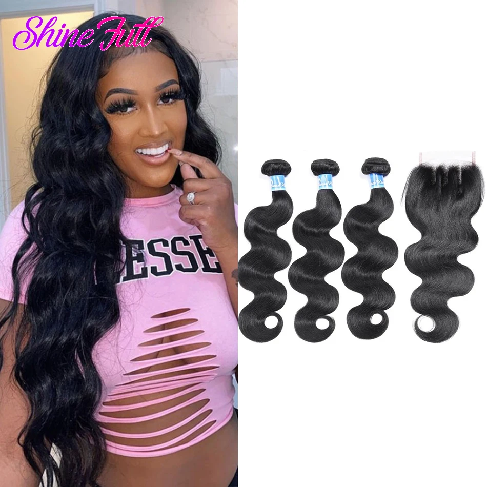 ShineFull Malaysian Body Wave Human Hair Bundles With Lace Closure 4X4 Non Remy Human Hair Extensions 3 Bundles With Closure