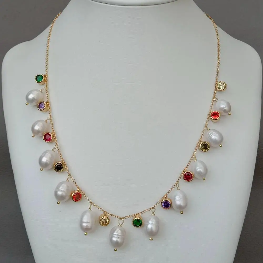Freshwater Cultured White Rice Pearl Multi Color cubic zirconia pave Chain Necklace 18