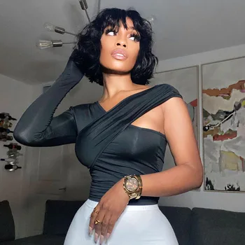 비대칭 V 넥 원 숄더 Soild 여성 티셔츠 슬림 여성 streetwear 자르기 탑 가을 모든 경기 Vinatge 티셔츠