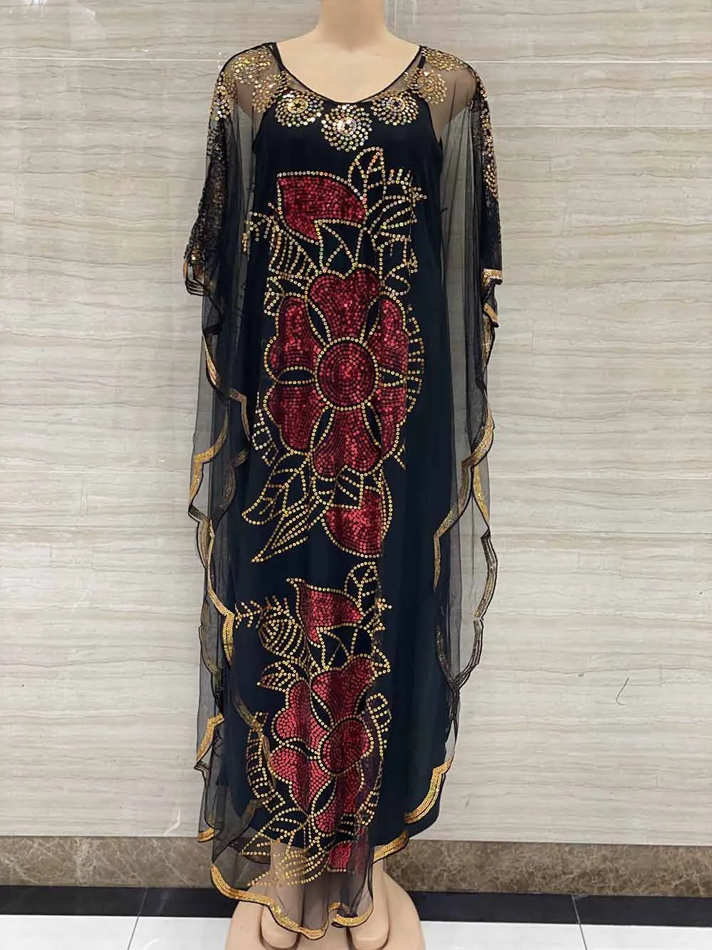 New Style African Women\'s Clothing Dashiki Abaya Fashion Gauze Fabric Sequins Bat Sleeve Loose Dress Free Size  Single Piece