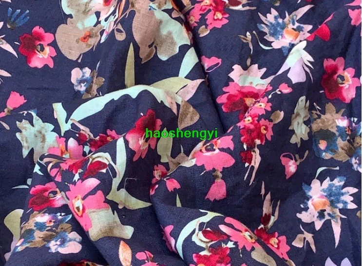 Foreign trade pure linen printed cloth, blue bottom red flower pure linen printed cloth fashion garment fabric