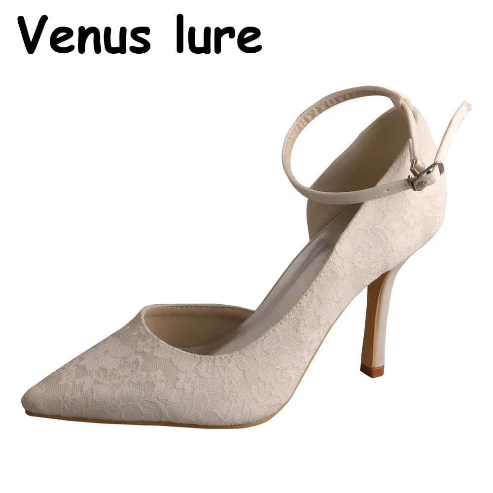 White Dress Pumps Shoes for Women Ivory Lace Bride Shoes Ankle Strap