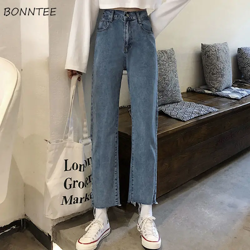 Jeans Women All-match Ins Summer Chic High Waist Trendy Preppy Girls Straight Denim Trousers Tassel Soft Vintage Leisure Womens