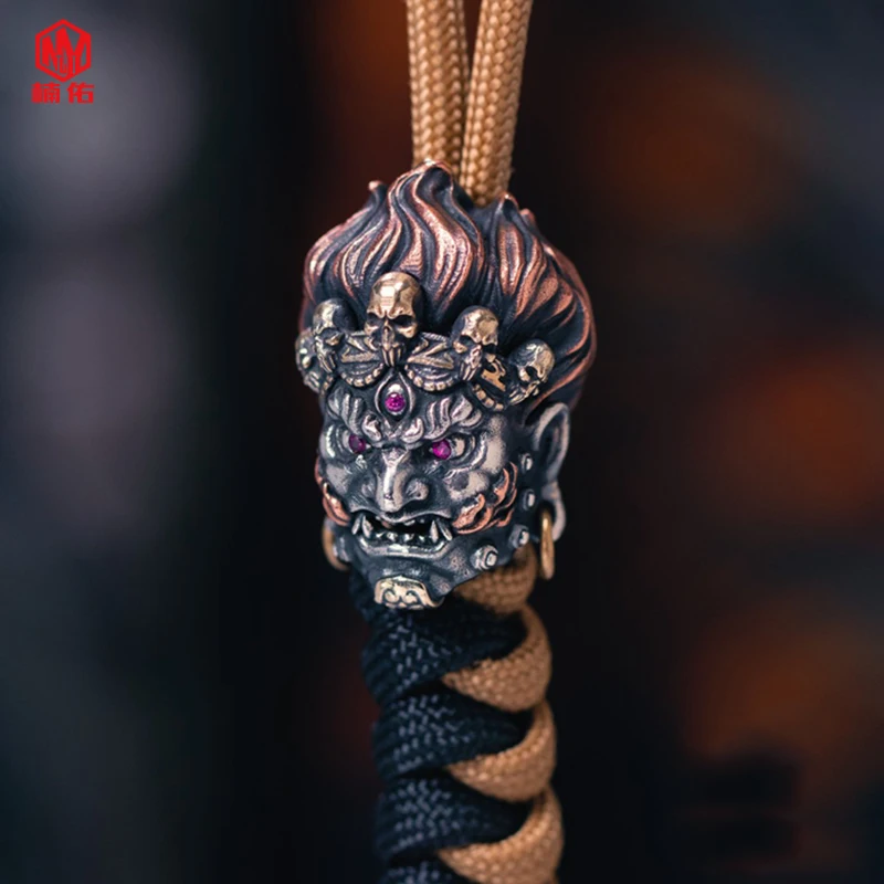 

1PCS God Of Wealth Black Knife Brass Knife Bead Carved Sterling Silver Skull Lanyard Bead Paracord Pendant EDC Bracelet Pendant