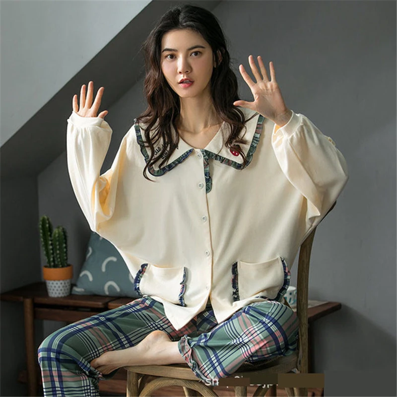 Two-piece Pajamas Spring And Autumn Cotton Loose Long-sleeved Casual Home Wear Lapel Sleepwear Kimono High Quality Women