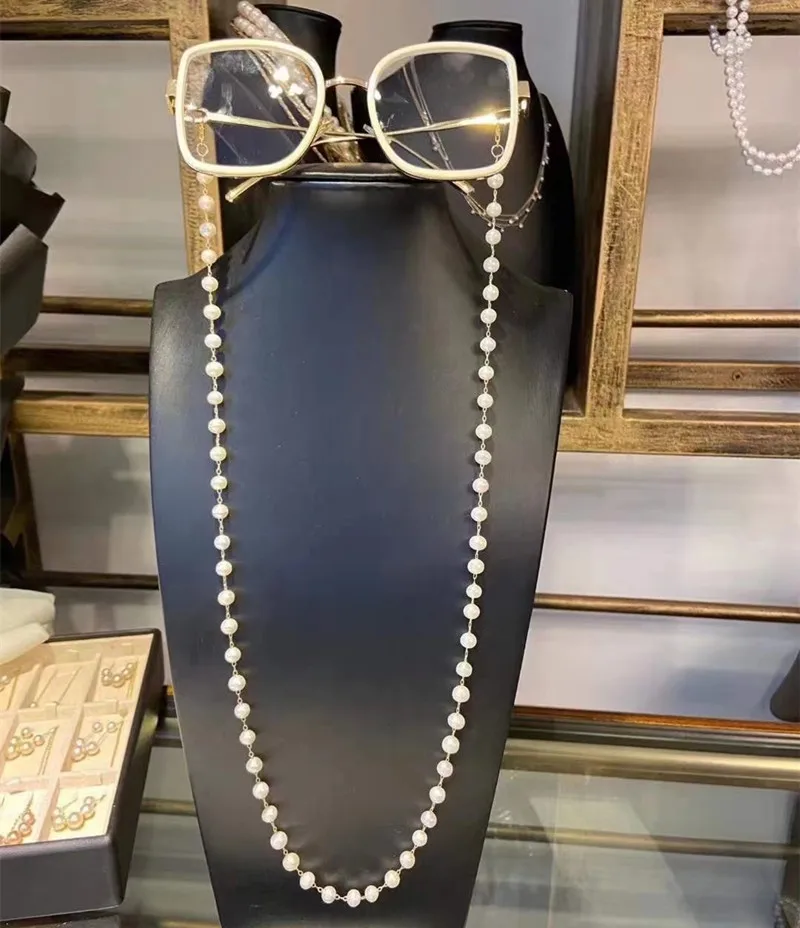 best seller female trendy Elegant pure handmade natural white genuine pearl luxury glasses chain 50cm can customize length