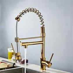 Kitchen Faucet Gold/Black/Chrome Soild Brass Hot & Cold Sink Mixer Tap Double Handle Rotating Pull-Down Spring Type Copper