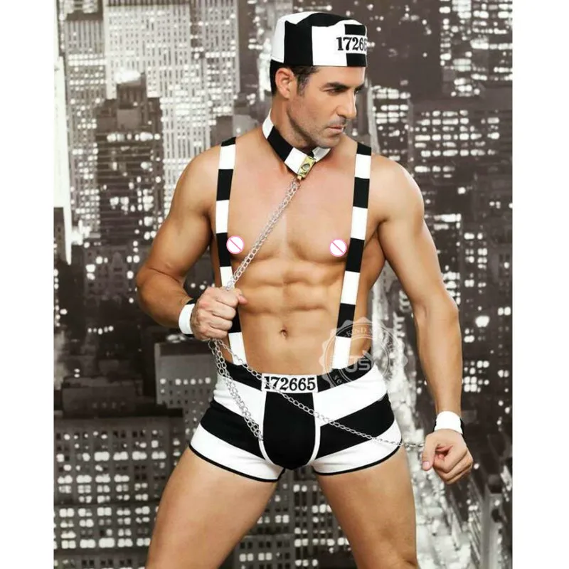 

Sexy New Arrival Convict Criminal Zombie Black White Stripe Prisoner Costume Halloween Costume For Men Party Cosplay