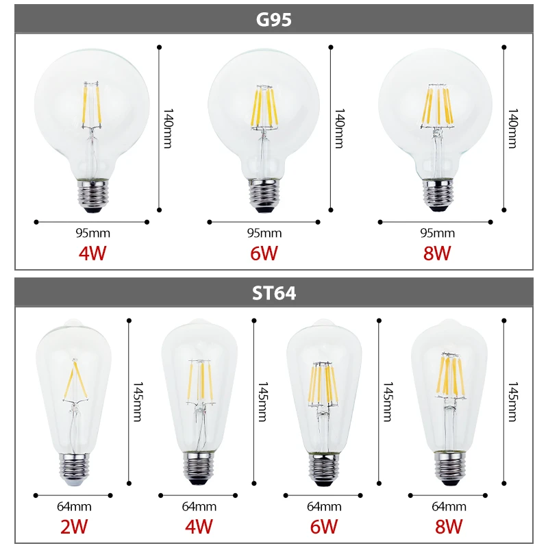 Bombilla de filamento LED Retro Edison E27 E14, lámpara de 220V-240V, 2W, 4W, 6W, 8W, C35, G45, A60, ST64, G80, G95, luz de vela Vintage