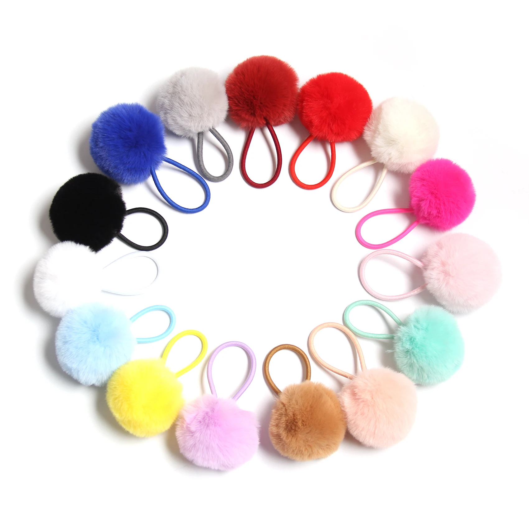 Furling Girl 15 Colors Fluffy Faux Rabbit Fur Pompoms Hair Elastic Hairbands Handmade Ball Hair Accessories Hair Rope for Ladies