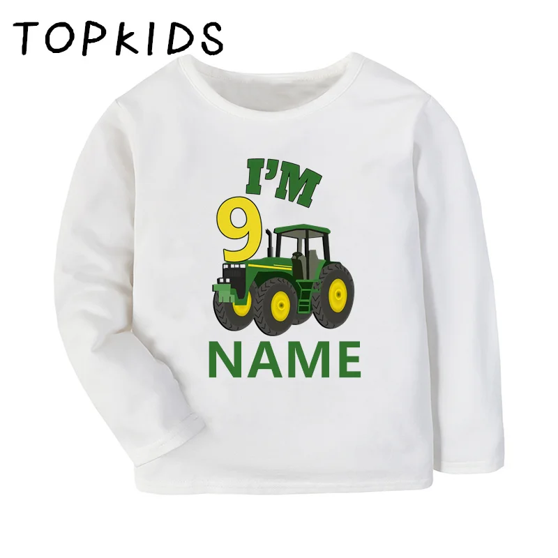 Farm Tractor Car Cartoon Boys T shirt 1 2 3 4 5 6 7 8 9 Years Birthday Customize Name Kids Long Sleeve T-shirts Girls Clothes