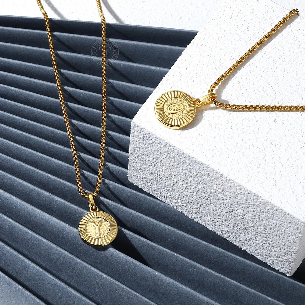 Initial Letter Pendant Necklaces Round Charm Stainless Steel Box Link Chain For Women Men Jewelry Gift Dropshipping GP418A image 5