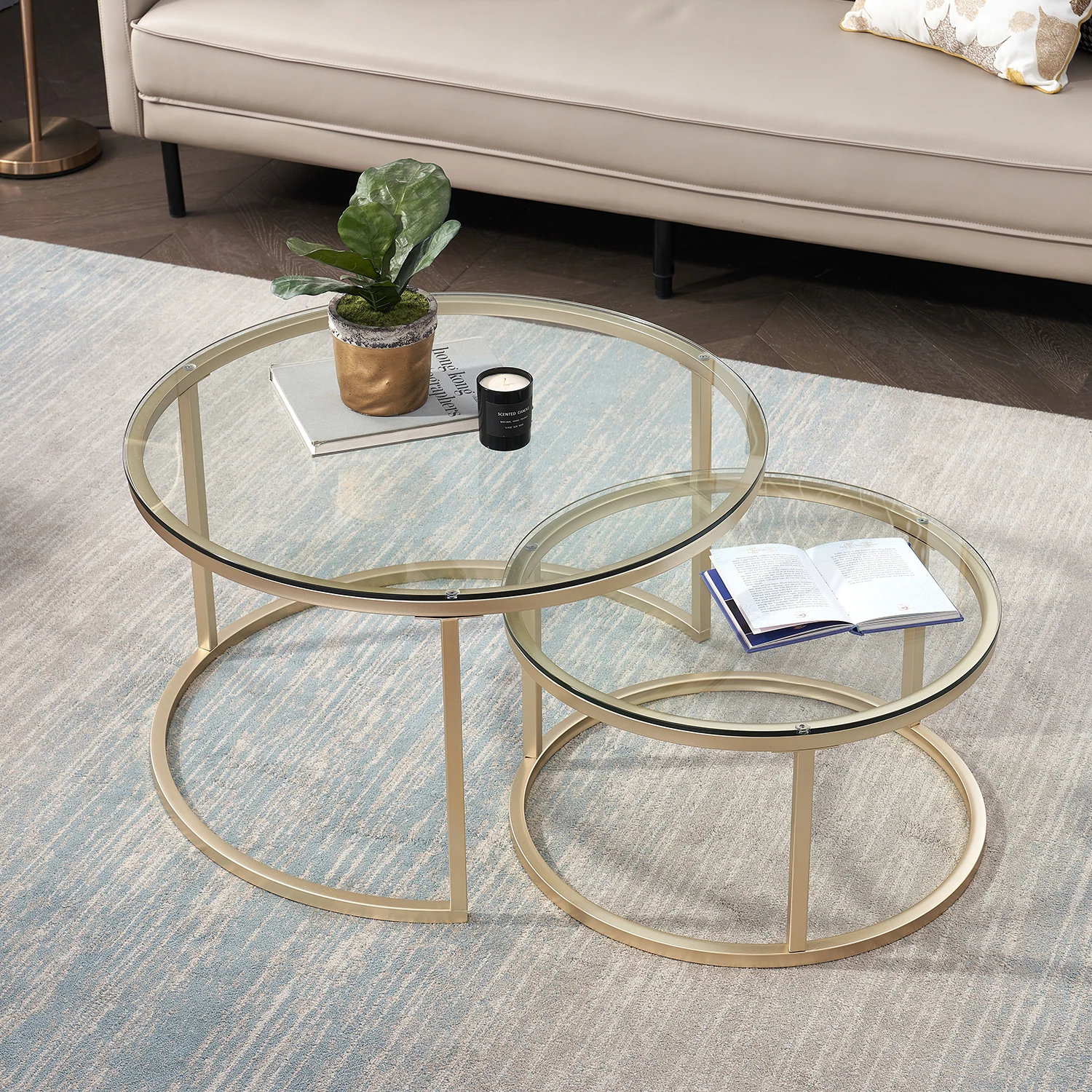 2 in 1 Iron Coffee Table Fashion Small Apartment Living Room Coffee Table Tempered Glass Round Sofa Side Coffee Table