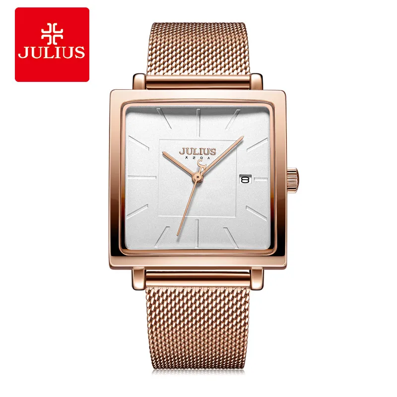 Julius New Stainless Steel Mesh Band Women's Business Watch Square Stylish Quartz Wristwatch 30M Waterproof JA-1207