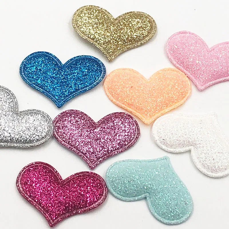 35mmx30mm 50PCS/lot Glitter Padded Heart Felt Patches Appliques For Clothes Sewing Supplies DIY Hair Bow Wedding Decoration A346