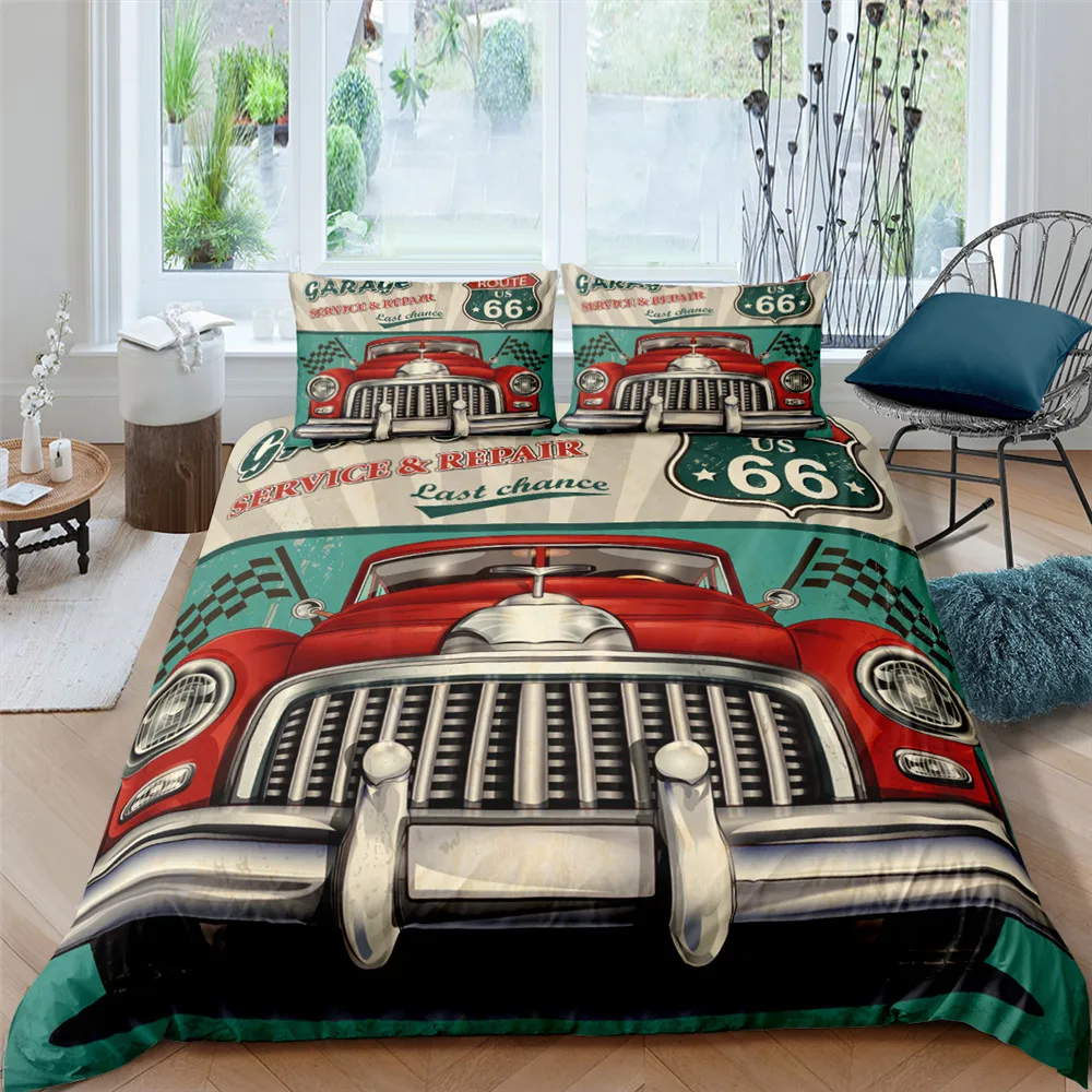 Fashion 3d Bedding Set U.S. Route 66 Quilt Cover Motorcycle Duvet Cover Set For Kids Teens Luxury Home Textile 2/3Pcs