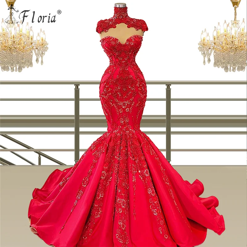 Vestidos De novia De satén rojo para mujer, cuello alto, sirena, flores, cuentas, vestidos De novia sin mangas, vestidos De compromiso