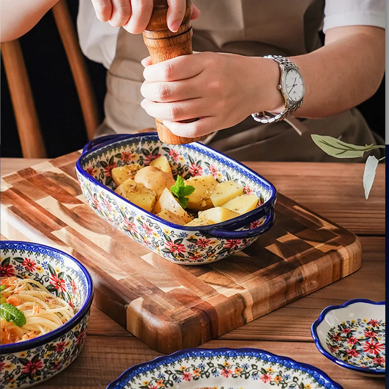 セラミック麺スープボウル食器フルーツサラダプレート手塗装食器レトロ耐熱皿バイノーラルベーキングパンキッチン食器