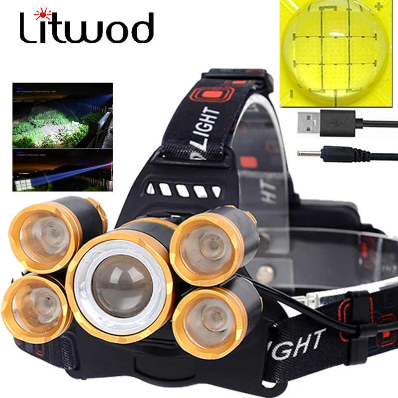 Powerful XHP199 5 LED Headlamp Rechargeable Zoom Head lamp Flashlight Torch Waterproof Hunting Fishing Camping Outdoor Headlight