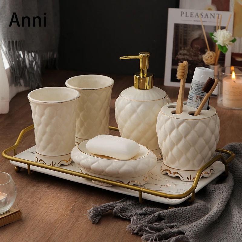 6 Pcs Creative Golden Stroke Bathroom Accessories Set Ceramic European Modern Toiletries Organizer Household Restroom Supplies