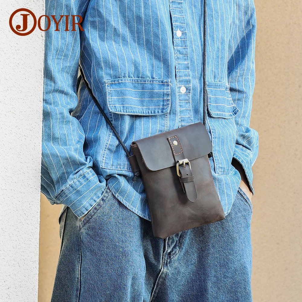 JOYIR Genuine Leather Small Flap Phone Shoulder Bag Men's Messenger Bag for Phone Pouch Cigarette Case Casual Crossbody Bag