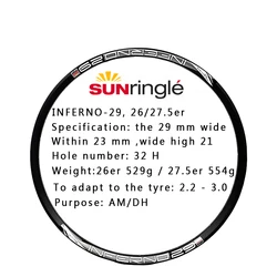 Sunringle INFERNO25 IN25 IN27 IN29 rim 26 inch 29 inch 29ER 650B 27.5 inch mountain bike rim Welding Hoops