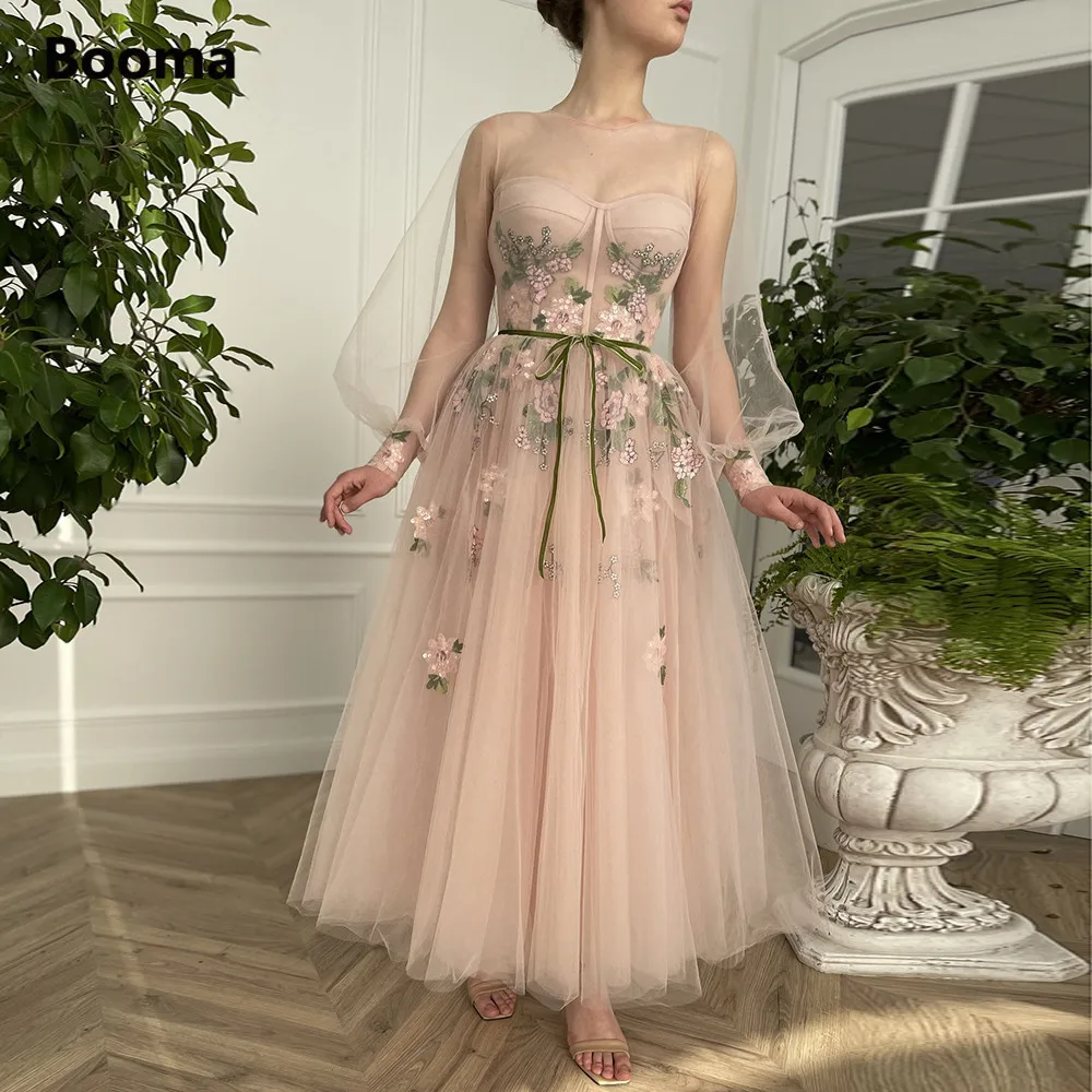 

Booma Blush Pink Prom Dresses Long Sleeves Illusion Neckline Appliques Wedding Party Dresses Tea-Length A-Line Evening Gowns