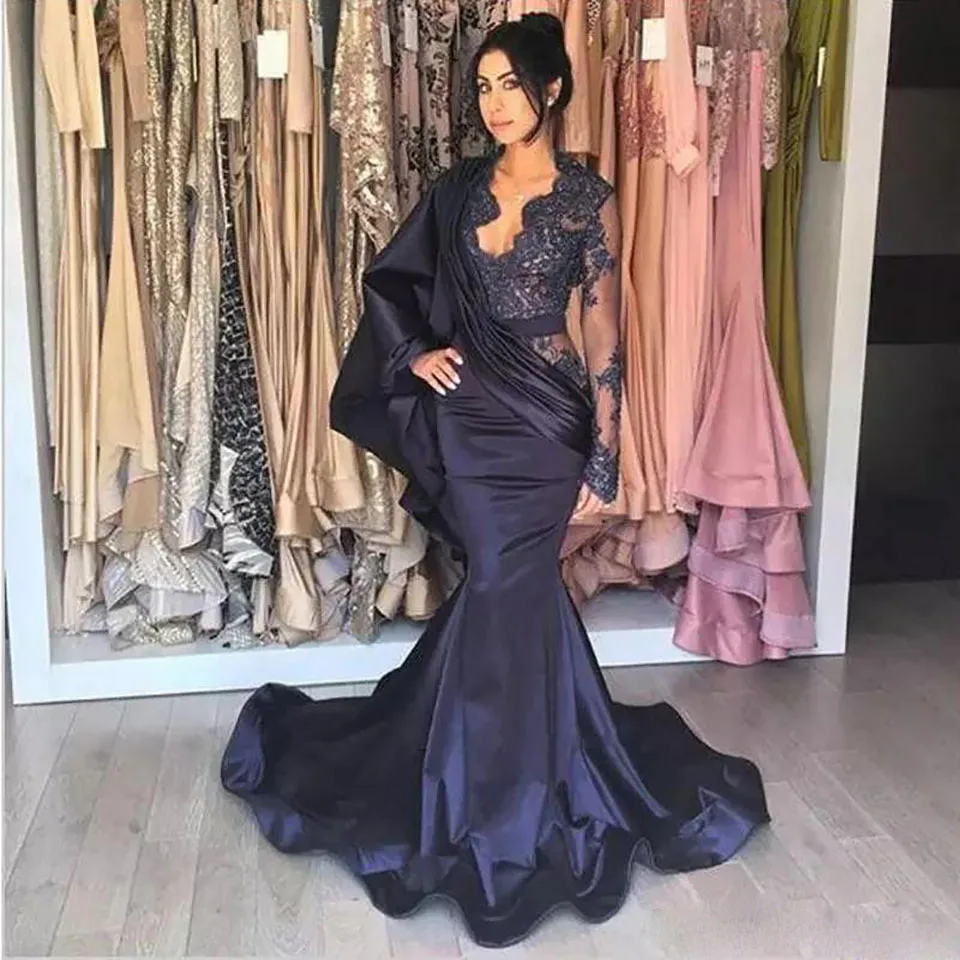 

Applique Formal Dresses Long Sleeve Prom Party Gown Tulle Evening Dress Mermaid Trumpet V-Neck Floor-Length NONE Train Satin