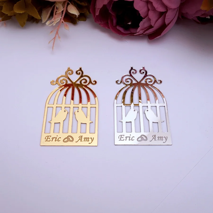 10Pcs/Lot Custom Acrylic Name Tags Personalized Mirrored Birdcage Card Party Stickers Private Guest Favors Gifts Decor