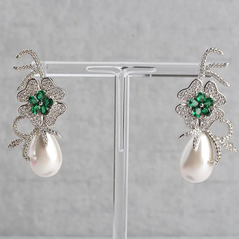 Teardrop Green White Sea Shell Pearl Cz Pave Flower Earrings