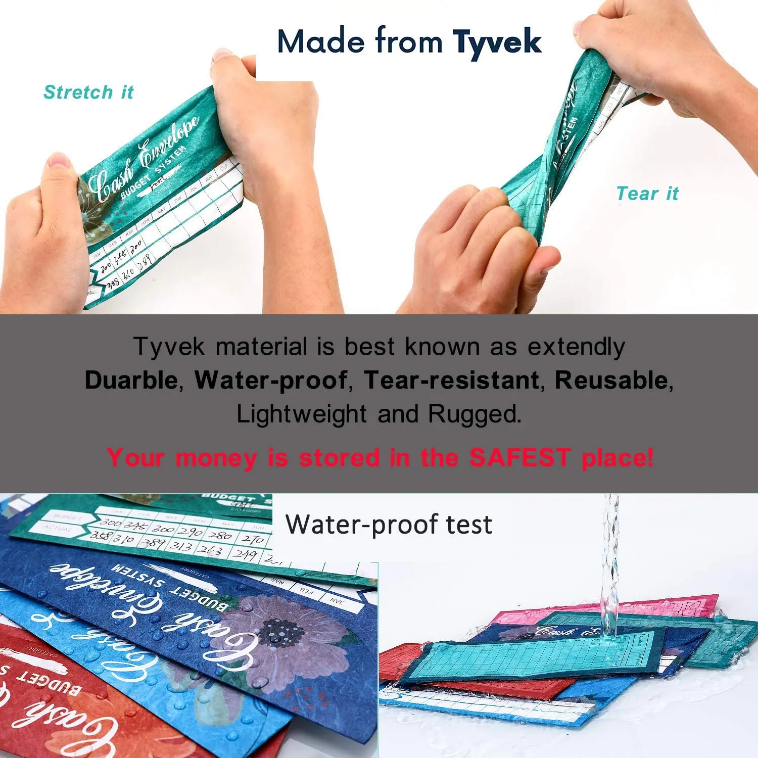 Cash Envelopes Budget System Tear & Waterproof with 12 Colors Envelopes for Money Saving,12 Expense Tracking Budget Sheets