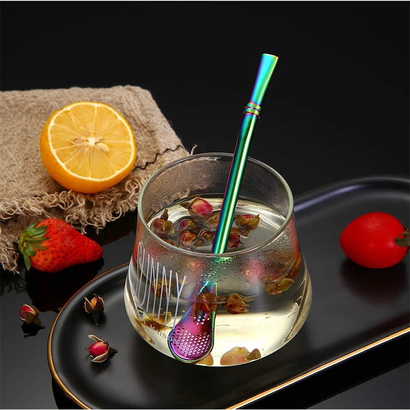 2pcs Yerba Mate Bombilla Stainless Steel Straw Loose Leaf Tea Infuser Dringking Spoons Filter Stirring Straws W Cleaning Brush