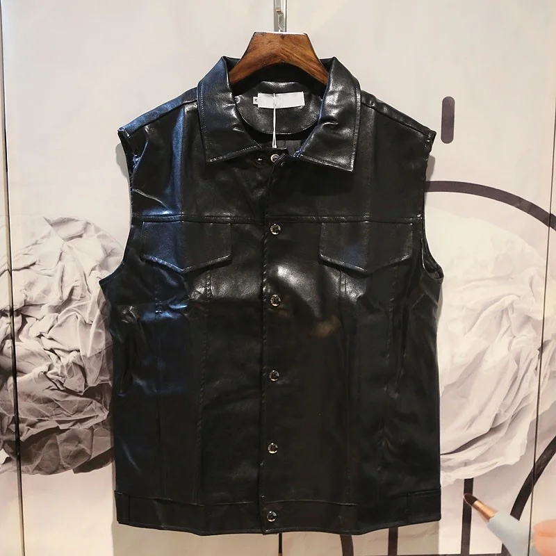 Men Autumn Loose Sleeveless Jacket Fashion Single Breasted Leather Waistcoat Street Pocket Solid Color Biker Motorcycle Vest