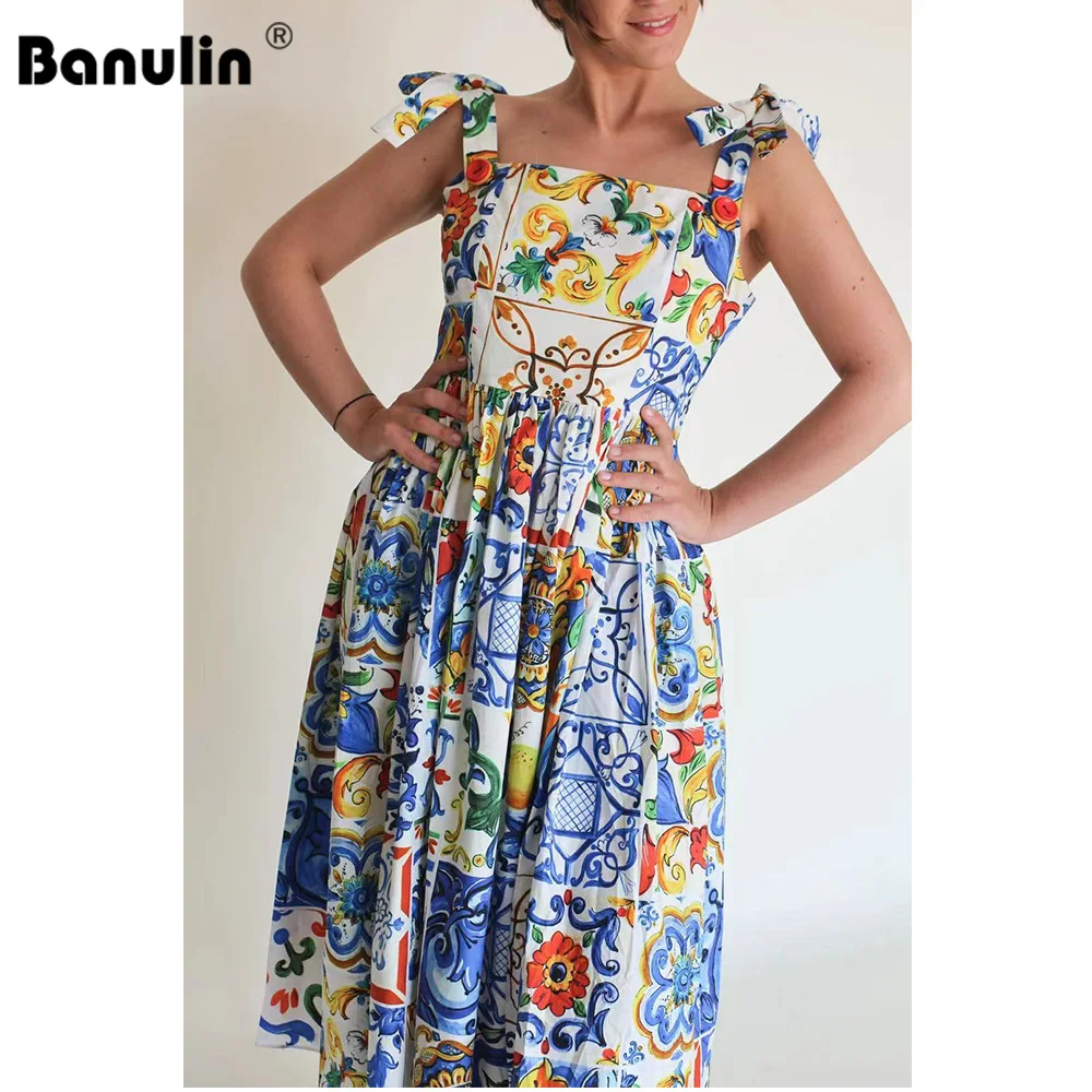 Runway Boho Summer Dress 2021 Women\'s Bow Spaghetti Strap Backless Blue and White Porcelain Floral Print Midi Dress Robe N7251